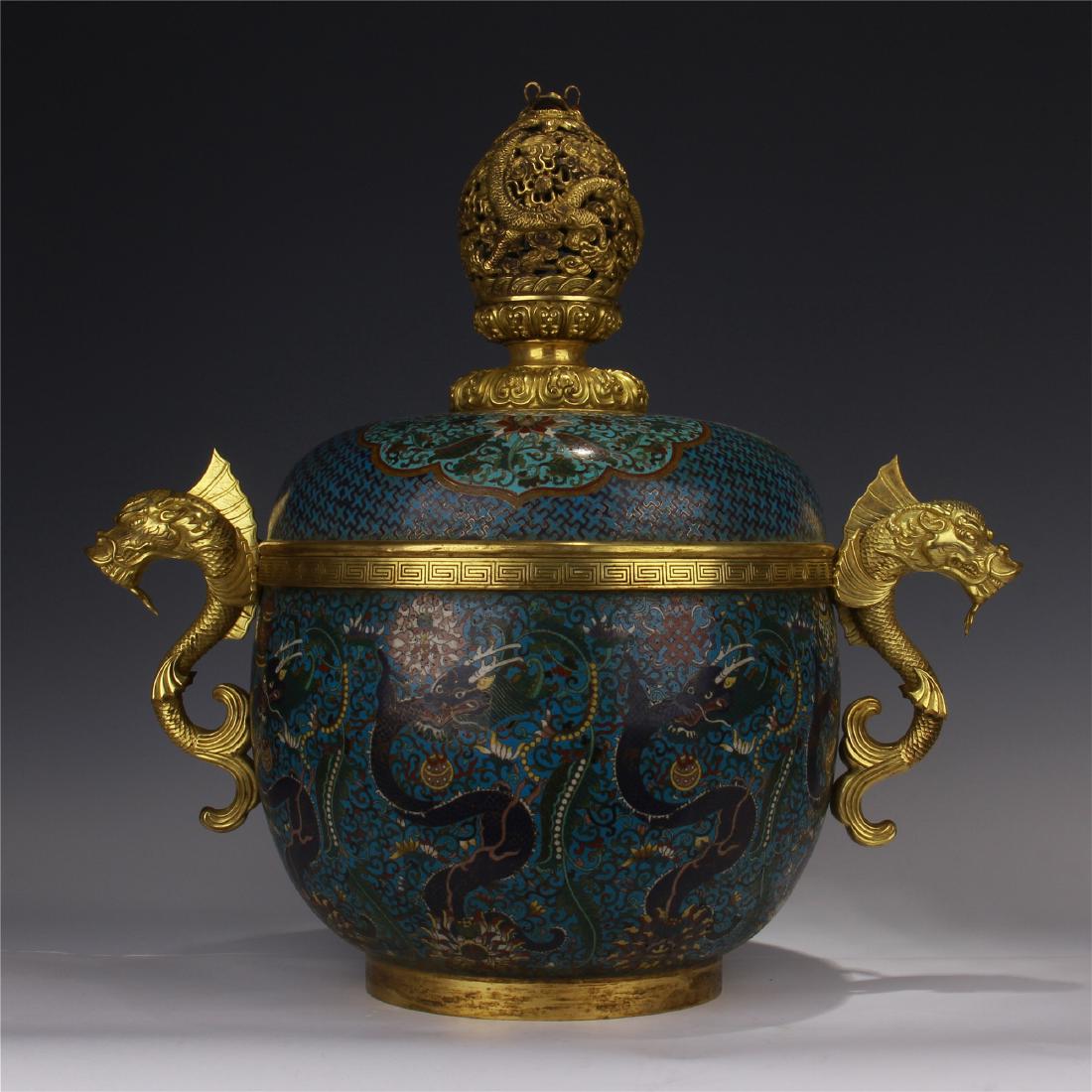 LARGE CHINESE CLOISONNE FISH AND DRAGON LIDDED INSENCE (1 of 10)