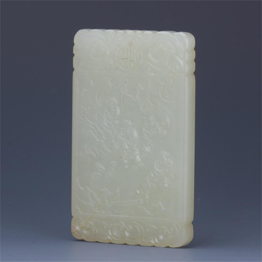 CHINESE JADE FIGURE PLAQUE: CHINESE JADE FIGURE PLAQUE. Size 3.5 cm by 6 cm. Weight 32 gram. Local pickup in our NJ warehouse available. Shipping cost $30 to US 48 states and $100 for oversea delivery. Combined shipping availabl