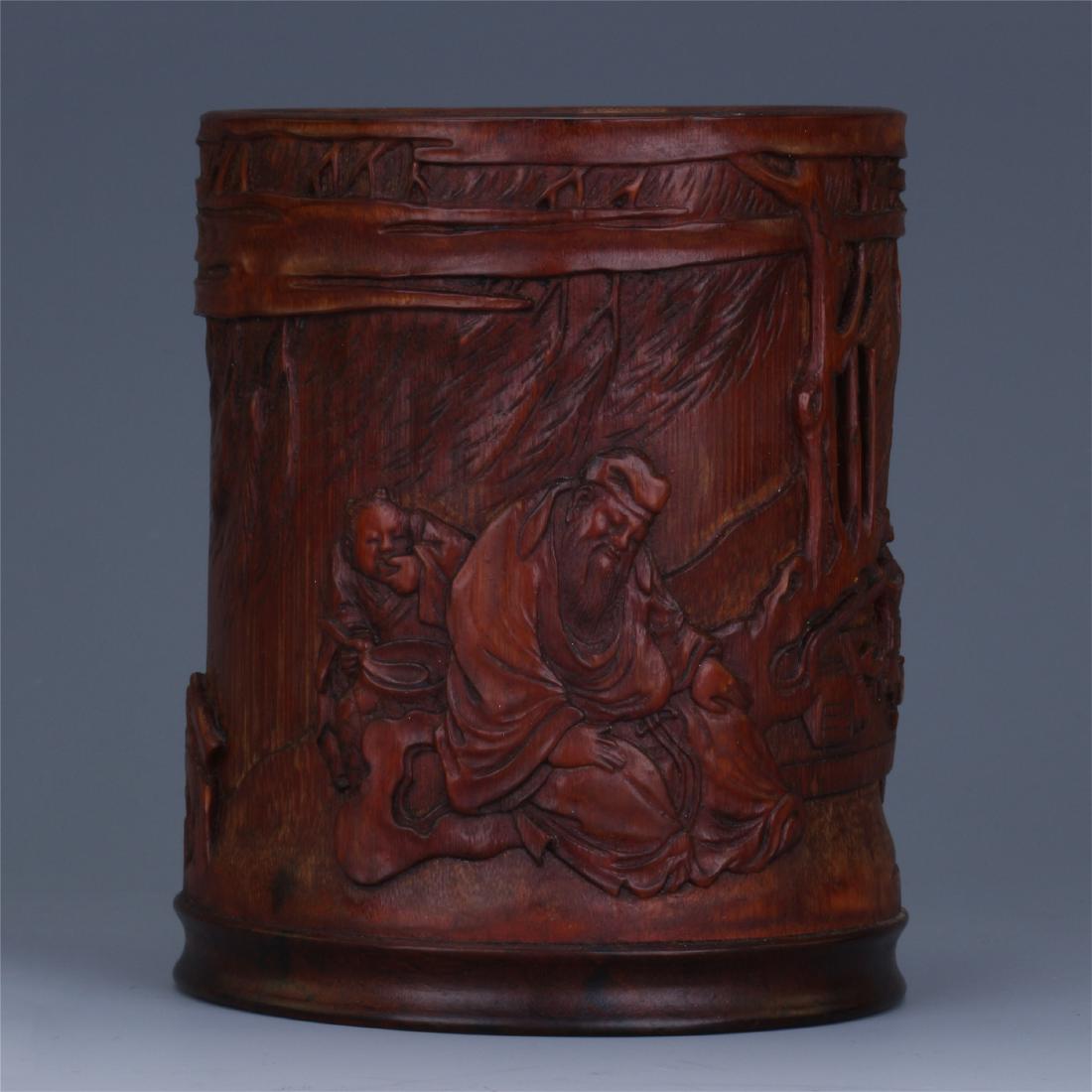 CHINESE BAMBOO CARVED FIGURES BRUSH POT (1 of 11)