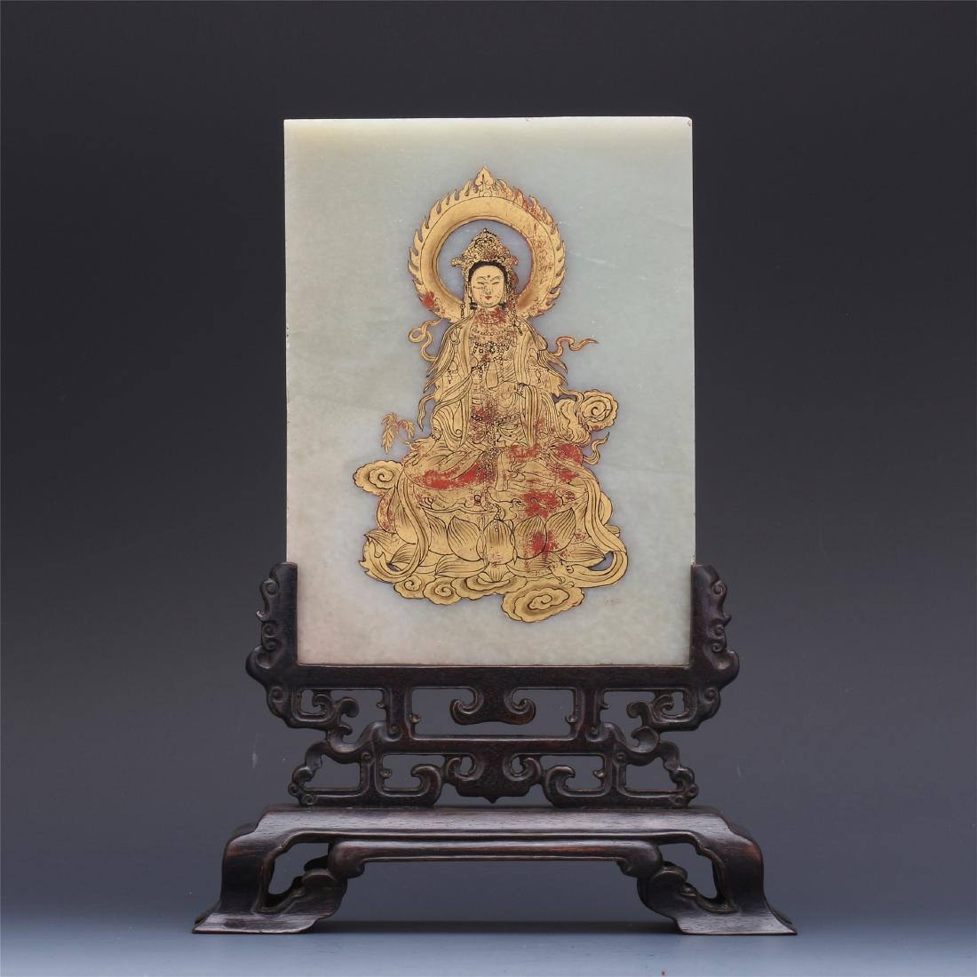 CHINESE GOLD PAINTED SEATED GUANYIN PLAQUE ROSEWOOD (1 of 10)