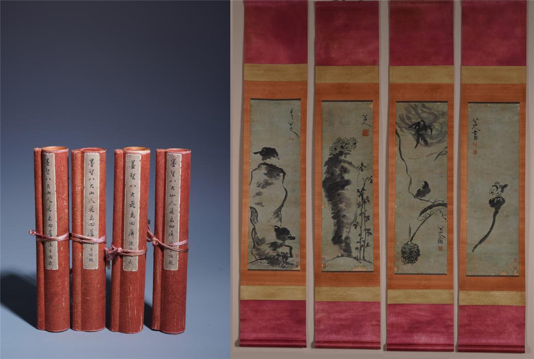 FOUR PANELS OF CHINESE SCROLL PAINTING OF BIRD AND ROCK (1 of 9)