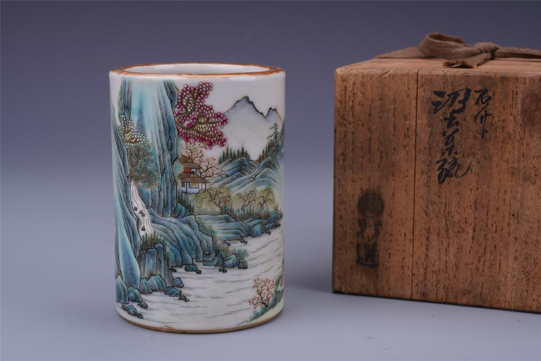 CHINESE PORCELAIN FAMILLE ROSE MOUNTAIN VIEWS BRUSH POT (1 of 12)