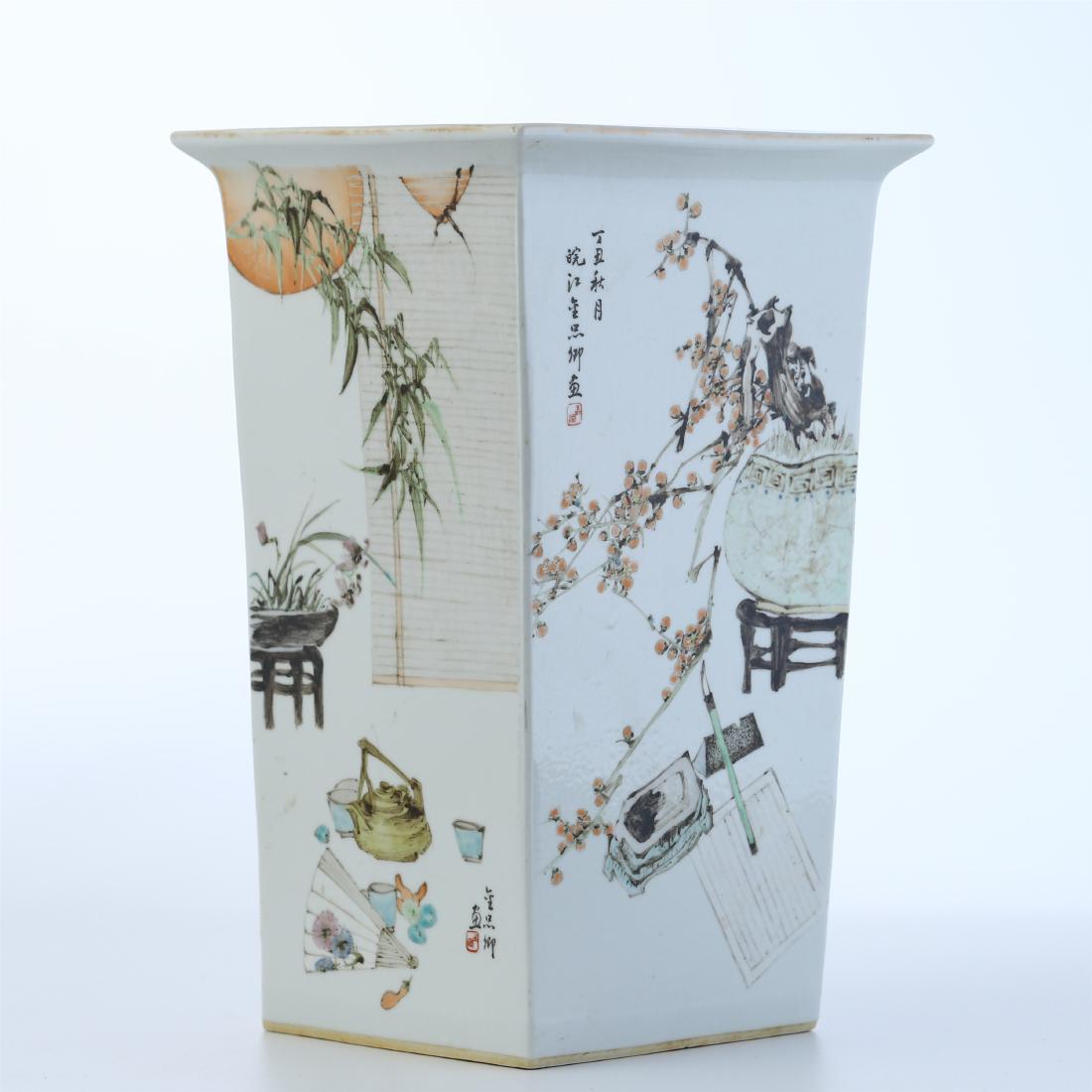 CHINESE PORCELAIN FAMILLE ROSE FLOWER SQUARE BRUSH POT (1 of 10)