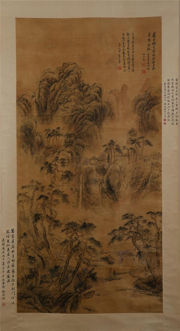 CHINESE SCROLL PAINTING OF MOUNTAIN VIEWS: CHINESE SCROLL PAINTING OF MOUNTAIN VIEWS. Image only size 170 cm by 80 cm. Local pickup in our NJ warehouse available. Shipping cost $30 to US 48 states and $100 for oversea delivery. Combined shippi