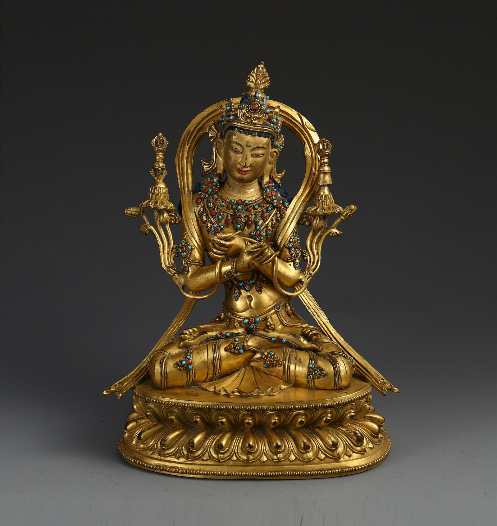 CHINESE GEM STONE INLAID GILT BRONZE SEATED GUANYIN (1 of 10)