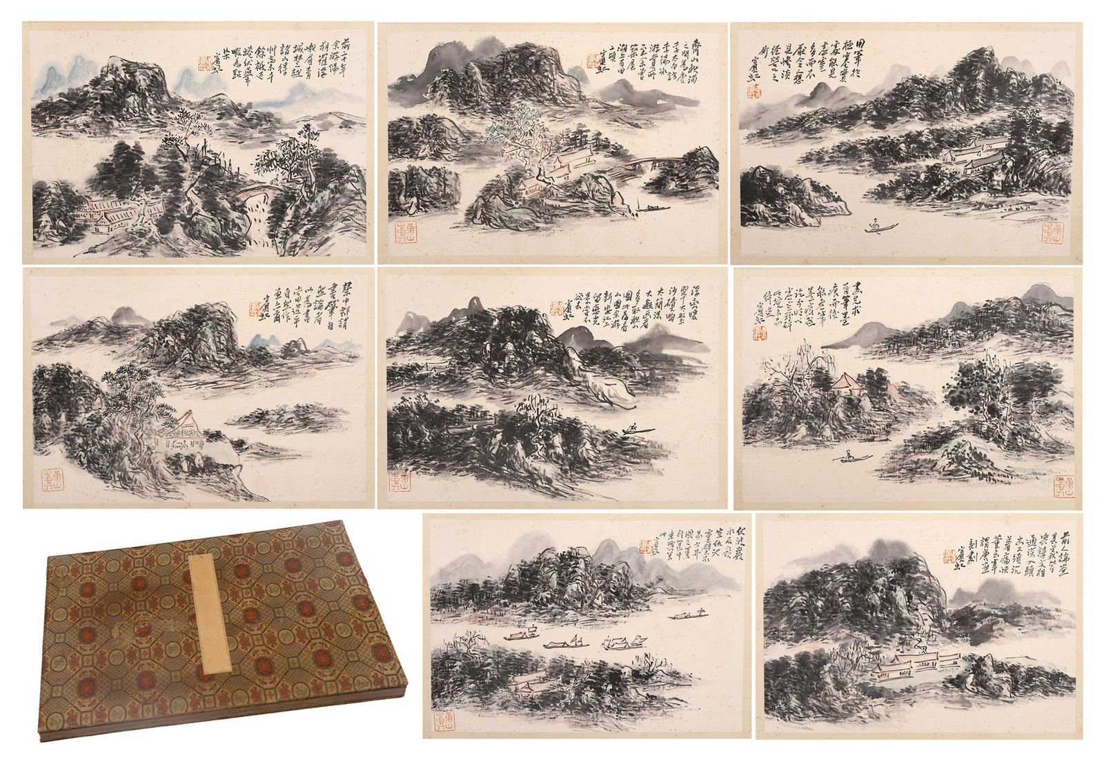 NINETEEN PAGES OF CHINESE ALBUM PAINTING OF MOUNTAIN: NINETEEN PAGES OF CHINESE ALBUM PAINTING OF MOUNTAIN VIEWS WITH CALLIGRAPHY. Single page size 31 cm by 43.5 cm. Total 19 pages. Local pickup in our NJ warehouse available. Shipping cost $30 to US 48 s