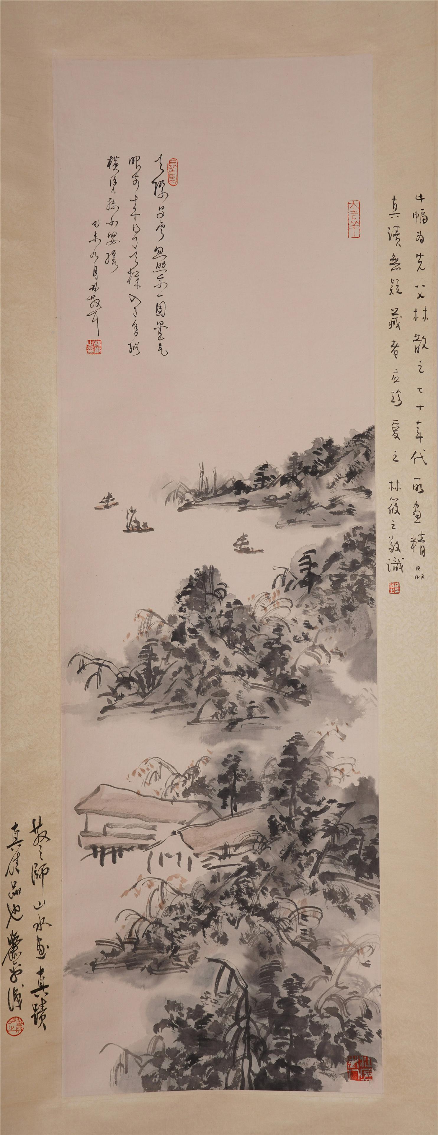 CHINESE SCROLL PAINTING OF MOUNTAIN VIEWS WITH: CHINESE SCROLL PAINTING OF MOUNTAIN VIEWS WITH CALLIGRAPHY. Image only size 106 cm by 46 cm. Local pickup in our NJ warehouse available. Shipping cost $30 to US 48 states and $100 for oversea delivery