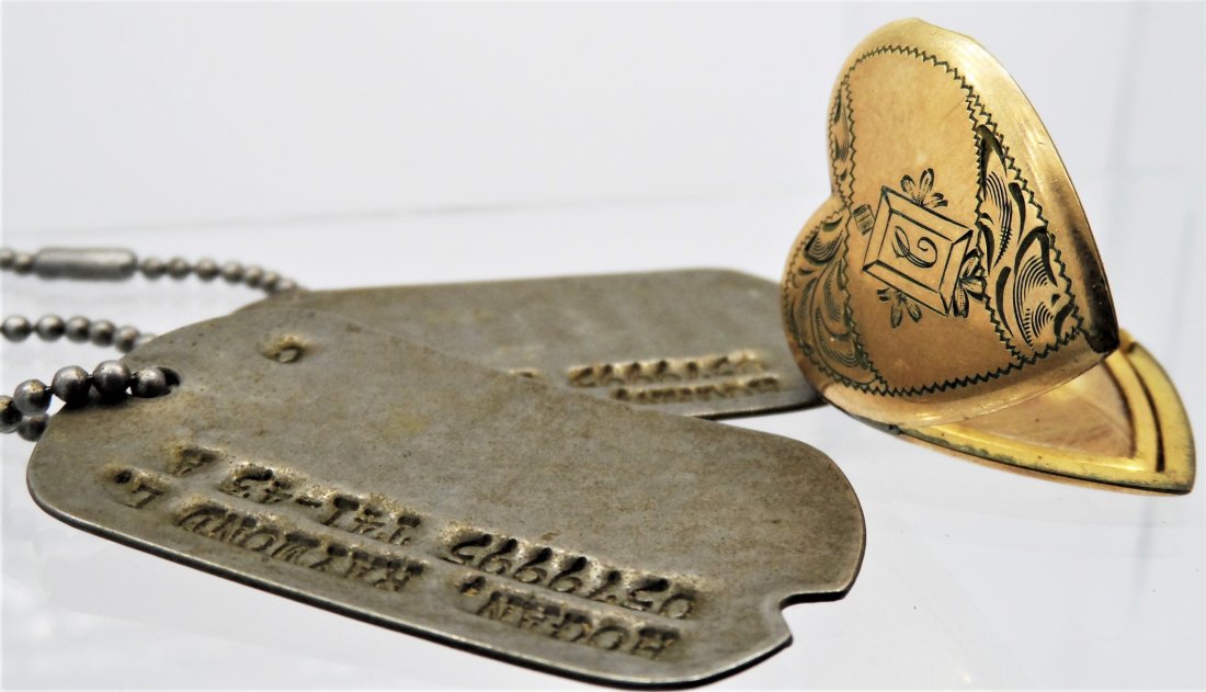 Dog Tags Gold Filled Sweetheart Locket Hair: Dog Tags Gold Filled Sweetheart Locket w/Hair, This set was in same container and belong together, It gives you a feeling in the heart of what it must have been like, Heartfelt pieces, Locket is appro