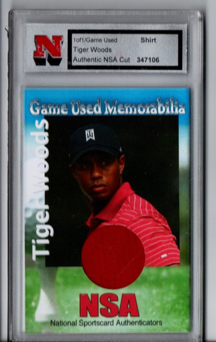 TIGER WOODS NSA 1/1 GAME USED GOLF CARD SPORTS CARD: Part of an Estate Lot, You are Bidding on the Card Pictured! All Cards have been scanned and most are in Very Good-Pristine Mint Condition! A LOT of very great finds, Some cards scanned in darker assu