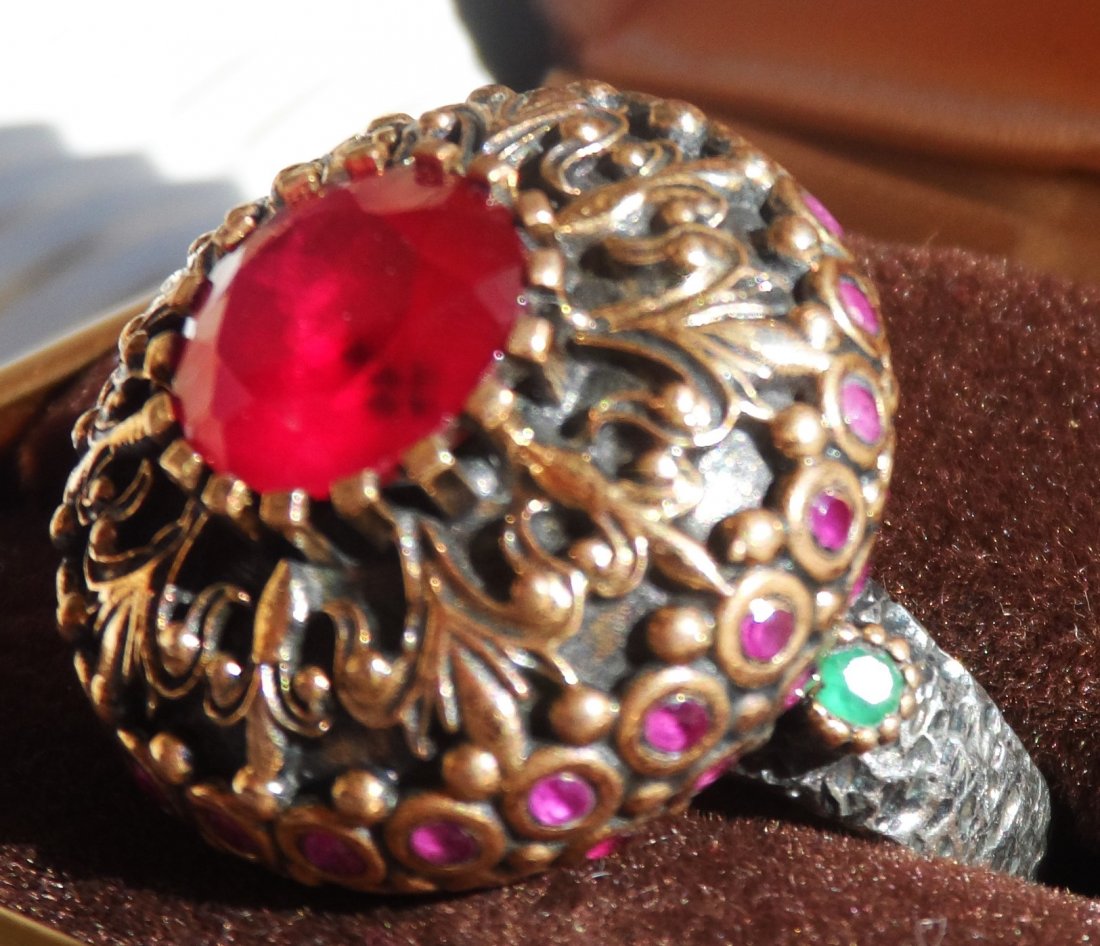 Turkish Sterling Silver Ruby Emerald Ring (1 of 3)