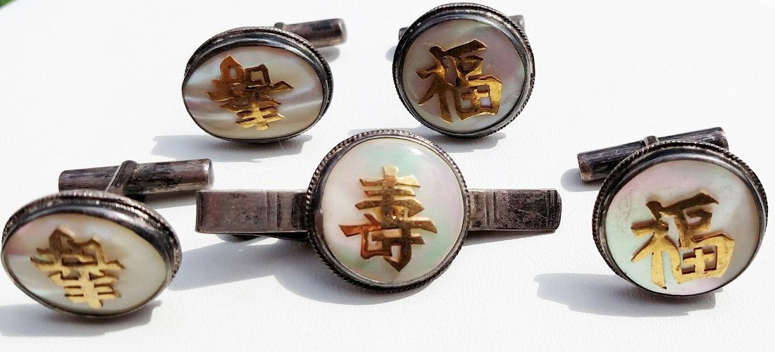 Chinese Sterling Silver MOP Tie Cufflink Set (1 of 1)