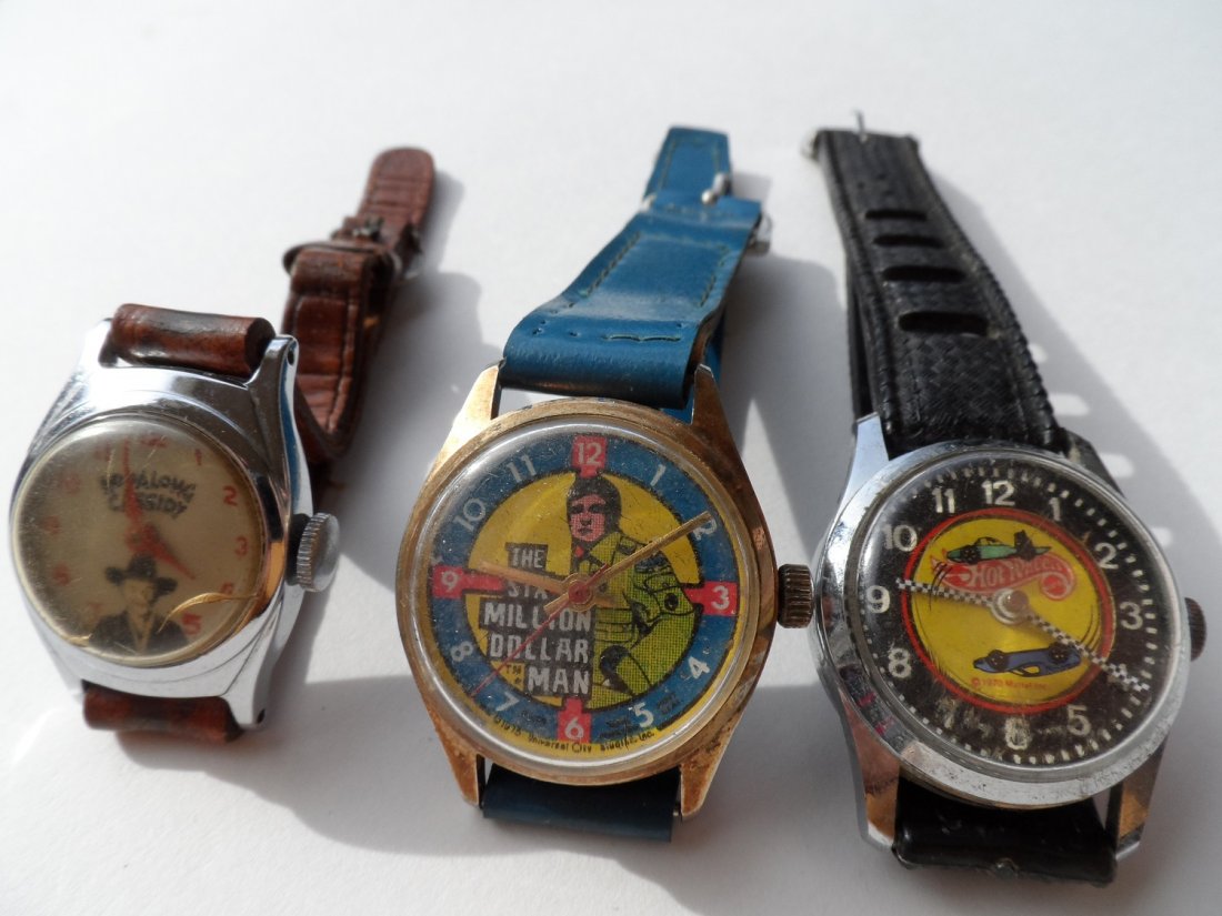 Character Watch Lot: The Million Dollar Man Watch / 1970 Mattel Watch Redline Cars, Hop-along Cassidy Watch, All Watches May need repair of some type, Band, Crystal or movement, sold as is.