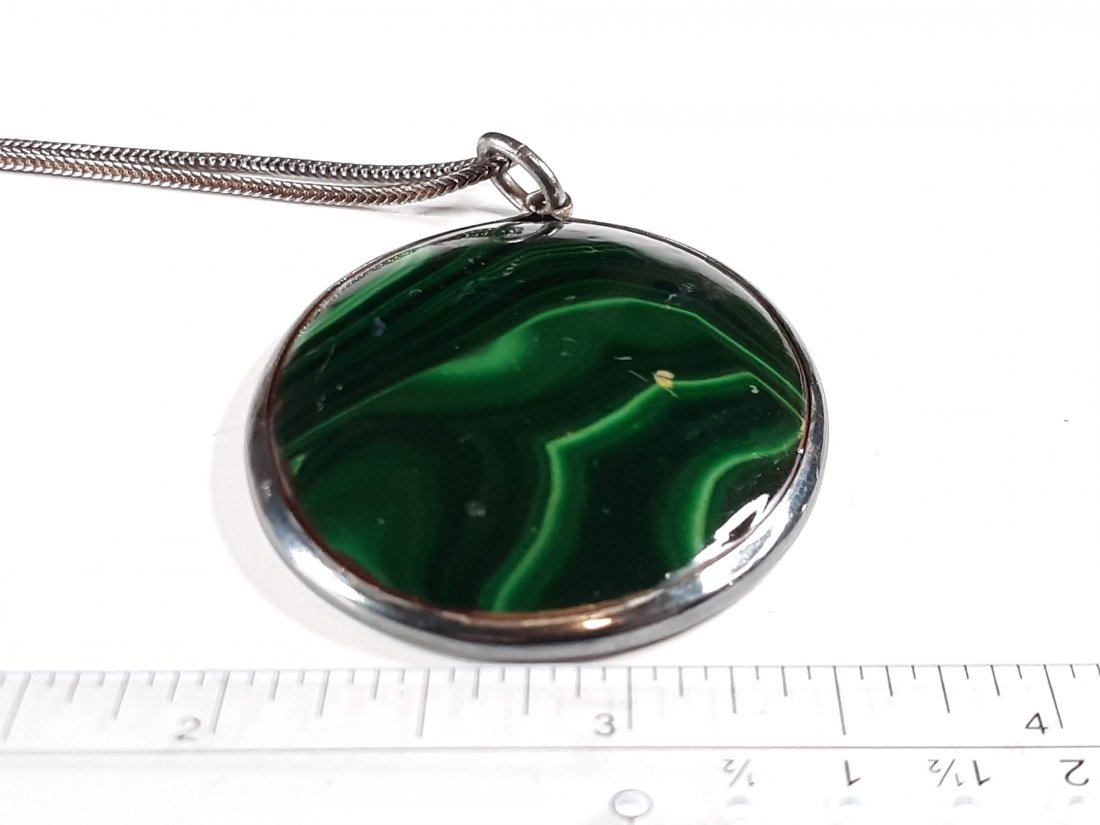Antique Malachite Silver Necklace Pendant 2 1/2": Antique Sterling Silver Necklace and Pendant Setting, Malachite Stone which was then lacquered or so at some point to give it a shiny appearance, I would assume piece is 50yrs old.Weight 50.3GramsSize