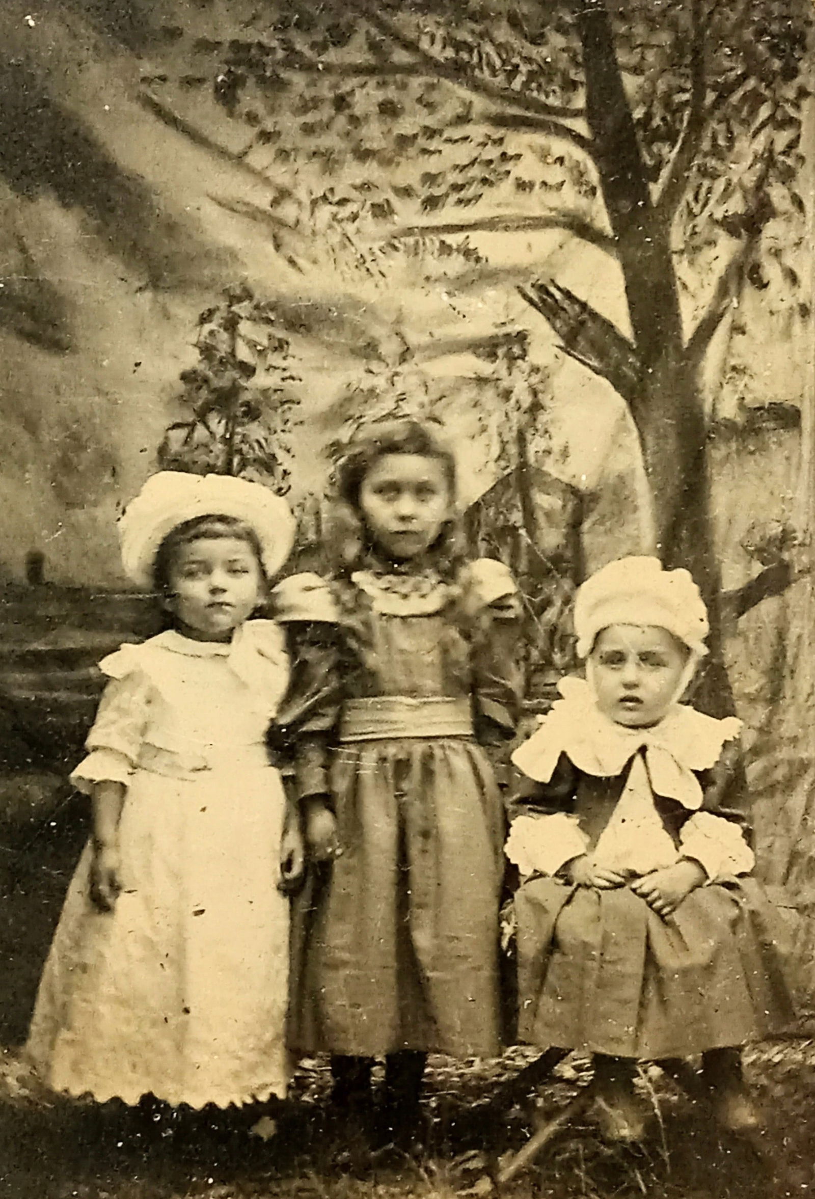 Tintype Photo Children 3 Girls Kids Wearing Dresses Hats (1 of 3)