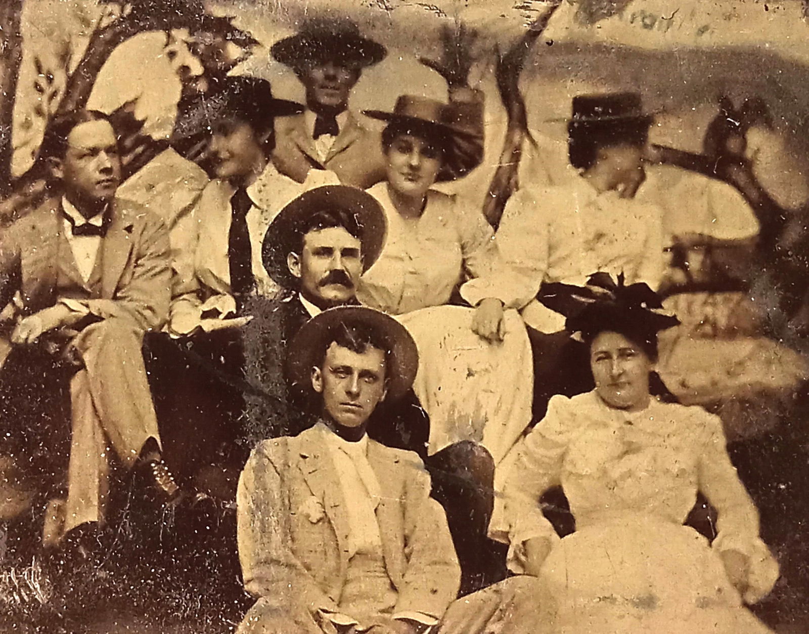 Tintype Photo 8 People Woman looking at bird in backdrop (1 of 3)