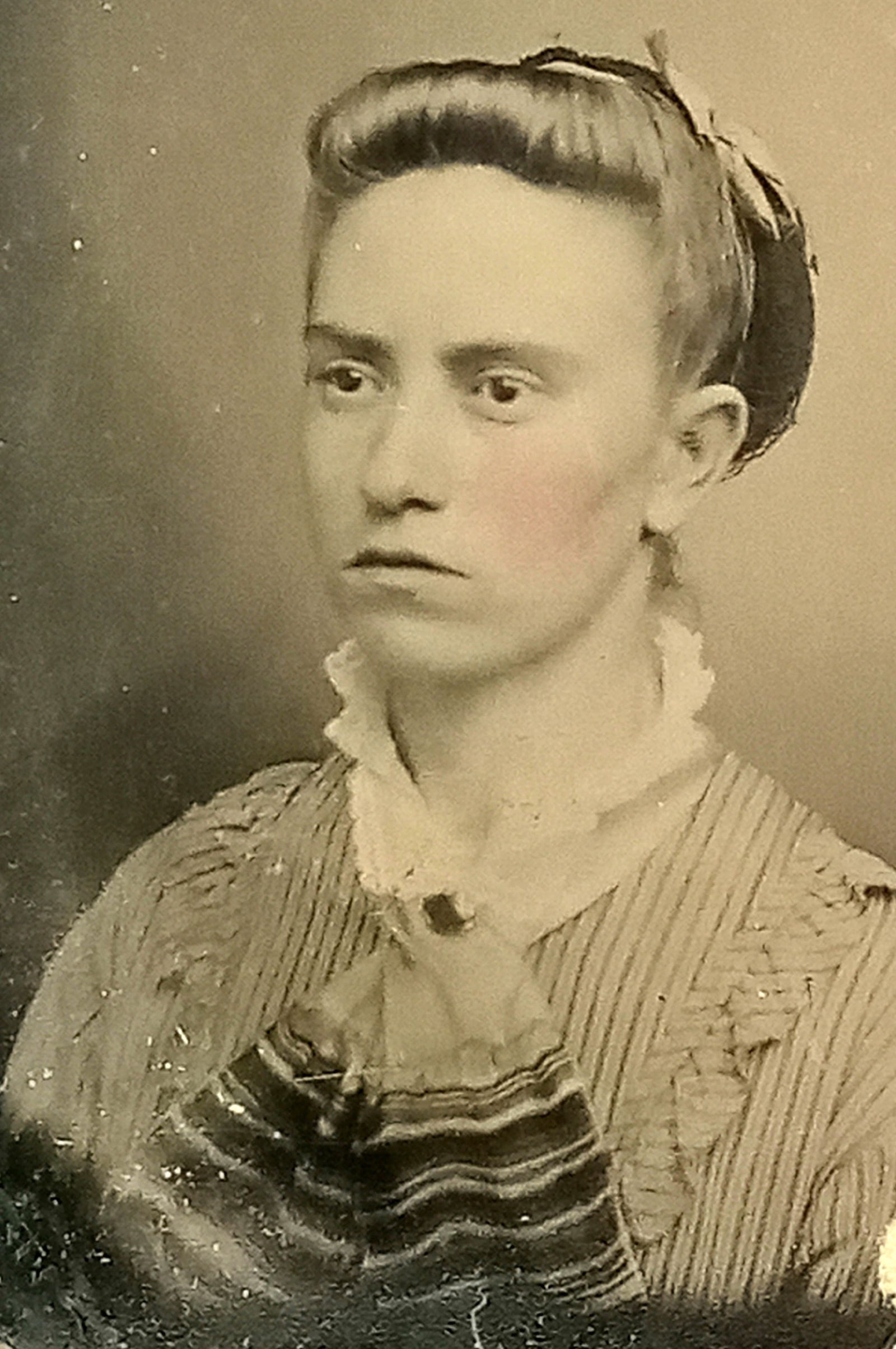 Tintype Photo Woman Bonet and Scarf Gem Size: Tintype Photo Woman Bonet and Scarf Gem SizeSize 2 1/4" x 1 3/4"