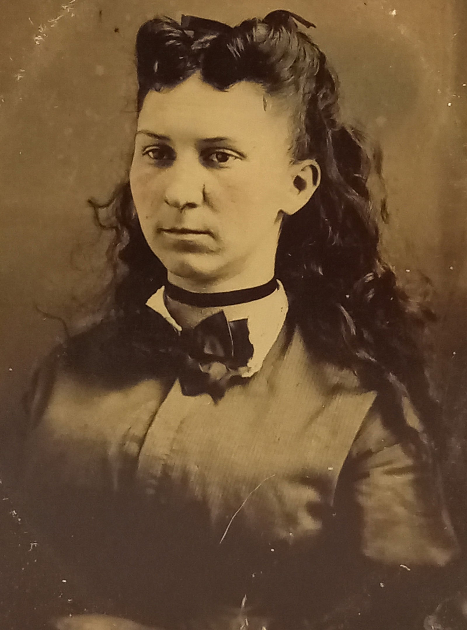 Tintype Photo Woman Bowtie Black Dress: Tintype Photo Woman Bowtie Black DressSize 2 1/2" x 2"