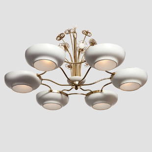 Lightholier Six Lights Brass and Enameled Metal: Brass and enameled metal Chandelier by Lightholier featuring decorative brass elements, six perforated metal diffusers in original cream enamel finish, opaque glass lenses. Recently rewired.24 in Heig