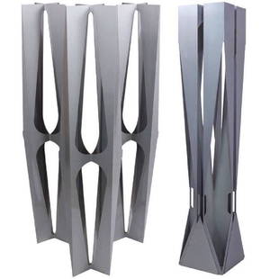 Robert Zeidman Aluminum Sculpture: Grey Aluminum Five Piece Sculpture "Cathedral" by contemporary American Artist Robert Zeidman. Listed American sculptor. Created from cast aluminum, the set of four include group of three totems 9" x