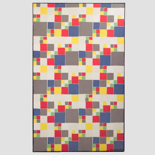 Sonia Delaunay "Abstraction Geometrique": Framed panel from the 1960's series "Abstraction Geometrique" by Sonia Delaunay featuring blocks of bright and muted color silk-screened on fabric, 900 printed. This is no. 90/900 with Sonia Delaunay