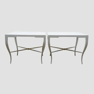 Tommi Parzinger 1960's End Tables: Pair of Elegant End Tables by Tommi Parzinger with beautiful curved legs and cross bracing detail24 in.H x 30 in.W x 30 in.D