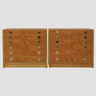 Edward Wormley for Dunbar Chests: Pair of Matched Six Drawer Chests designed by Edward Wormley for Dunbar with original brass ring pulls, Walnut burl matched wood grain, solid bleached mahogany trim and corners. Signed to underside of