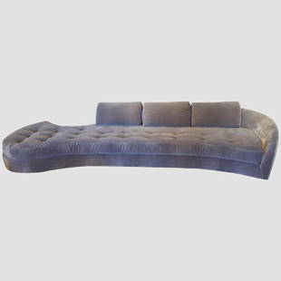 1950's Long Serpentine Sofa: Long sofa in 1950s California style, low profile. Totally reconditioned with new velvet upholstery. Curved Planter in Walnut fitting @ back curve. 22 in.Hx130 in.Wx44 in.D