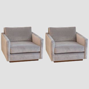 Harvey Probber Velvet Cube Chairs: Pair of Lounge Chairs by Harvey Probber fully reconditioned and upholstered in silver grey Velvet on Walnut plinth base. 30 in.Hx32 in.Wx35 in.D