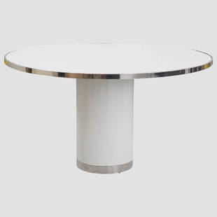 Table by Stanley J. Friedman for Brueton: Pedestal Dining Room Table by Stanley J. Friedman for Brueton. In lacquer finish with stainless steel edge, 20" diameter pedestal with 3" steel base. 4ft 6in diameter top