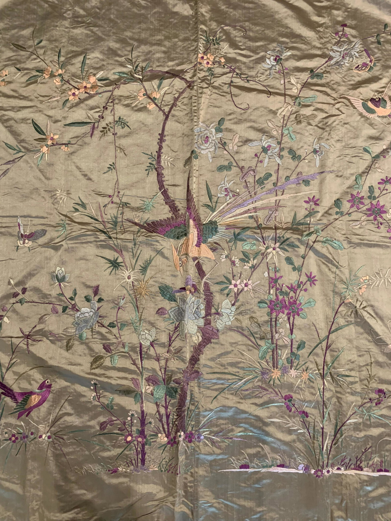Chinese Embroidered Panel of Phoenix, Early 20th: Early 20th century satin stitched panel of a birds and flowers. 48 in. x 47 in. Deaccession from Mobile Museum of Art, Acquired 1982