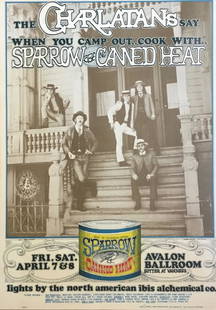 Original Family Dog Poster FD 56-1-OP: Original first printing Family Dog Poster FD 56-1-OP by Her Greene, George Winter, and Rick Griffin featuring The Charlatans, Sparrow, and Canned Heat, April 7-8 1967. Near mint condition. 20 x 14 inc