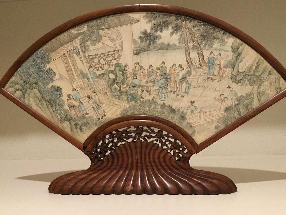 Chinese Painted Fan on Rosewood Stand (1 of 4)