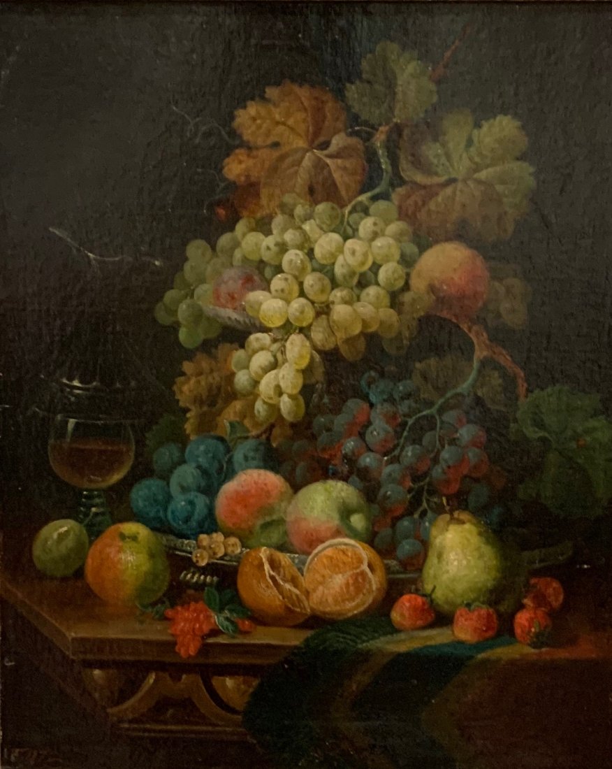 Still Life, Charles Thomas Bale (1849-1925): Charles Thomas Bale was a prolific still life and portrait artist from UK. This early work by him, done in 1872, is very typical of his classical arrangements of fruit with a glass of wine. 24 x 20 in