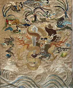 Large Japanese Temple Dragon and Phoenix Embroidery, Meiji Period: This spectacular temple textile of a writhing dragon with a sword represents vigor, power, and wisdom and dates to the late Meiji Period, c. 1890-1900. The phoenix represents the Japanese empress who