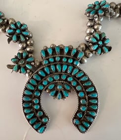 Fine Vintage Zuni Petit Point Squash Blossom Necklace