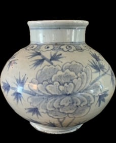 Exceptional Large Korean Blue and White Bamboo and Peony Vase, Joseon Period