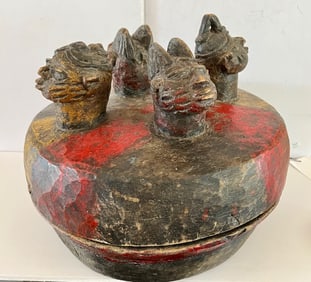 Carved and Painted Yoruba Divination Bowl with 4 Heads