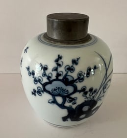 Chinese Blue/White Tea Caddy w/Pewter Lid, Qing