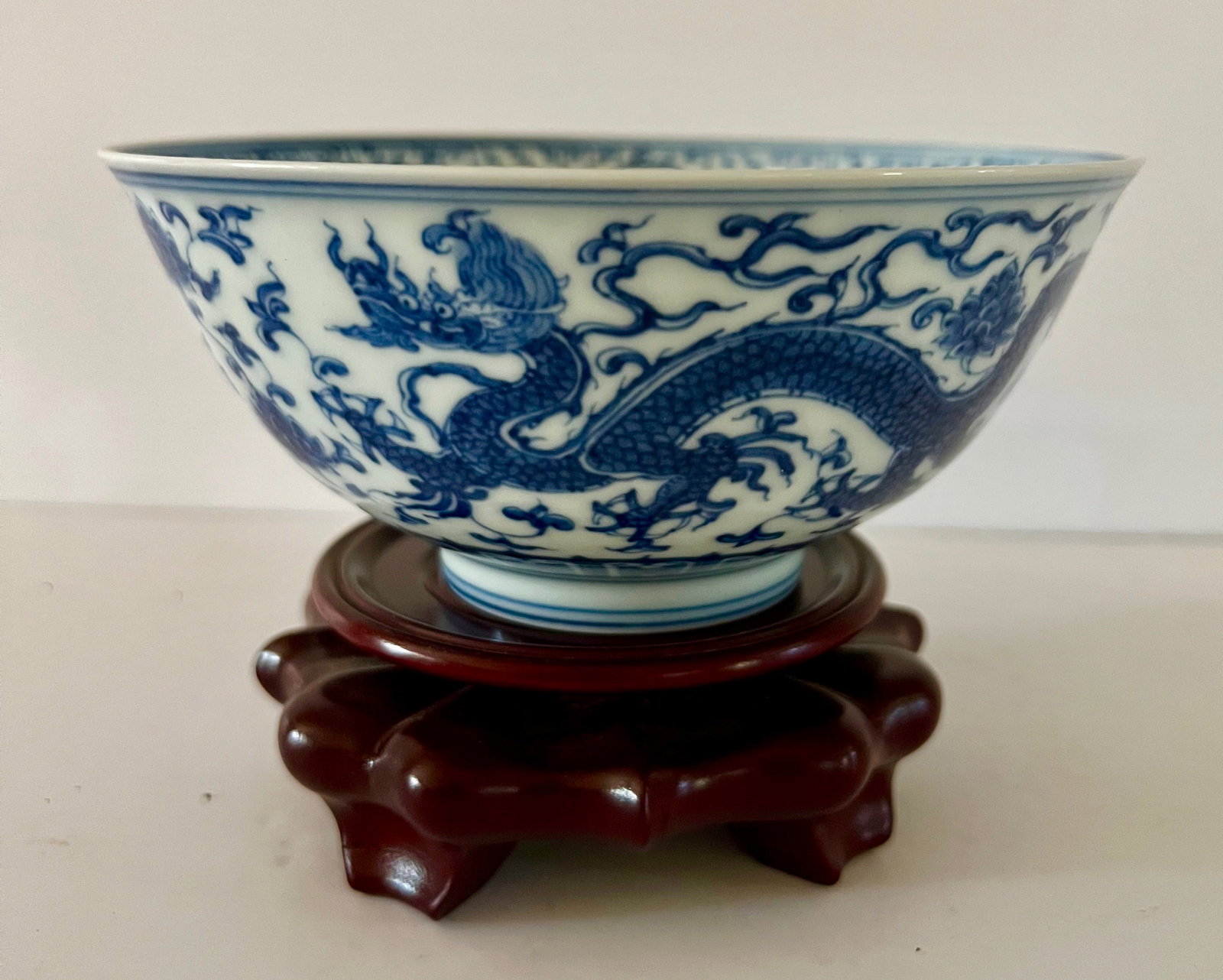 Blue and White Palace 'Dragon' Bowl with Chenghua Mark: Superb Chinese blue and white porcelain dragon bowl with Chenghua Mark ; the wide flared form with a dragon medallion to interior and Arabic style calligraphy along the rim, and with additional five-c