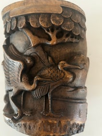 Carved Bamboo Root Brush Pot with Cranes