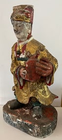 Antique Chinese Gilt and Polychrome Decorated Carved Wood Figure of an Official, Qing