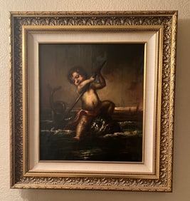 17/18th Century Italian O/C Putti Riding Dolphin