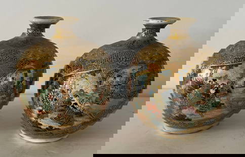 Exceptional Small Pair Satsuma Vases, Meiji: Exquisite pair of Japanese Satsuma small ovoid vases, Meiji period (1868-1911), each of globular form and decorated with variously shaped figural reserves on a brocade patterned ground, base with Shim
