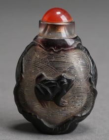 Qing Overlay Glass Snuff Bottle with Frog and Melon