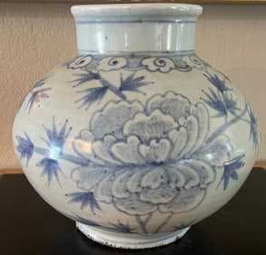 Exceptional Large Korean Blue and White Bamboo and Peony Vase, Joseon Period