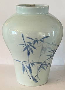 Large Korean Blue and White Vase: Classic Korean blue and white vase painted with bamboo with high and shallow shoulder and short vertical neck. Signed. 20th century. 11 inches high x 9 inches wide Domestic Shipping $45