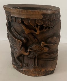 Carved Bamboo Root Brush Pot with Cranes