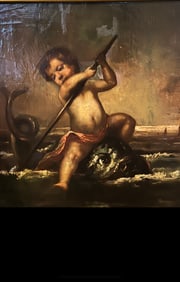 17/18th Century Italian O/C Putti Riding Dolphin
