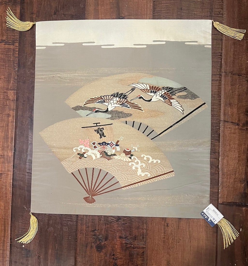 Edo/Meiji Period Brocade Fukusa: Edo/Meiji Period brocade Fukusa , This Fukusa features two open and one closed fan. The top open fan has two cranes embroidered on a heavy gold background symbolizing longevity, while the other open f