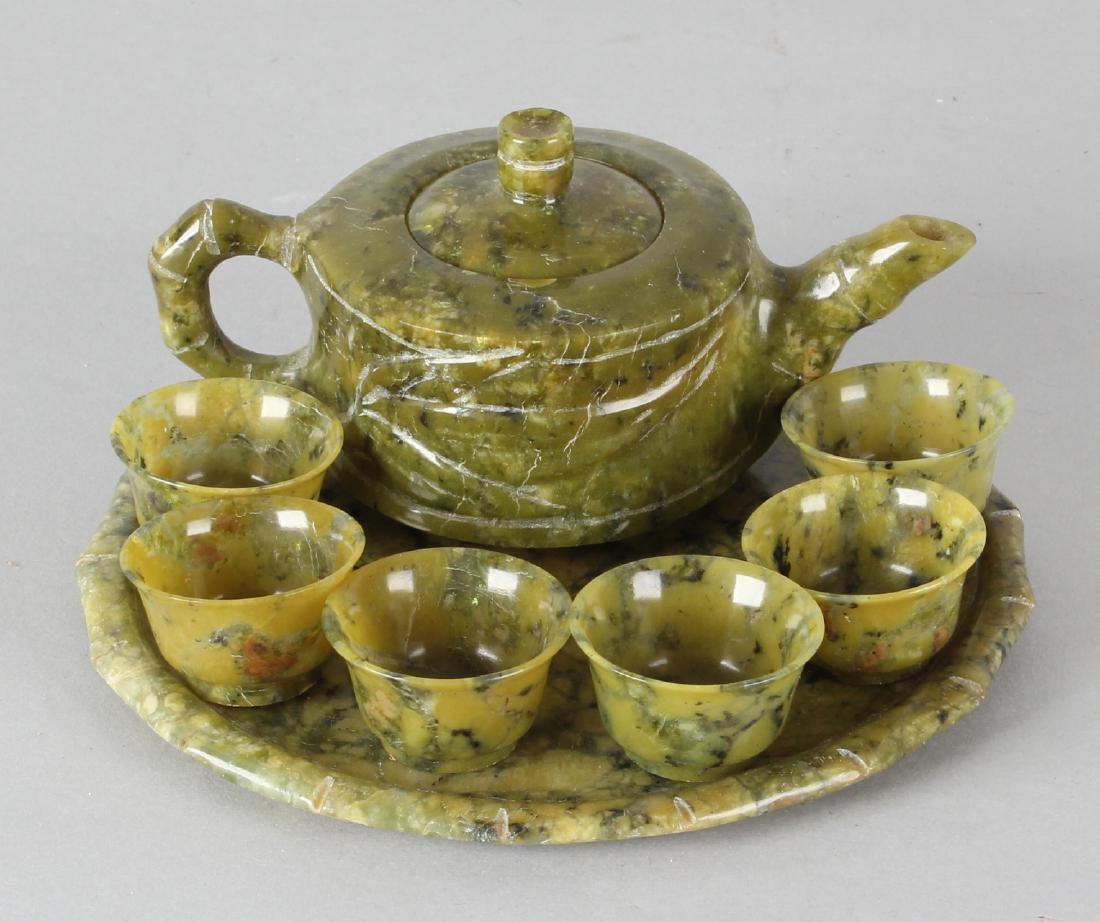 Antique Chinese Jade rice wine set. Circa 1900.: Antique Chinese Jade rice wine set. Circa 1900. Eight-piece. Trekpot bamboo decor, six cups, transparent, refined. Size: 2.3 - 15 cm. In good condition.